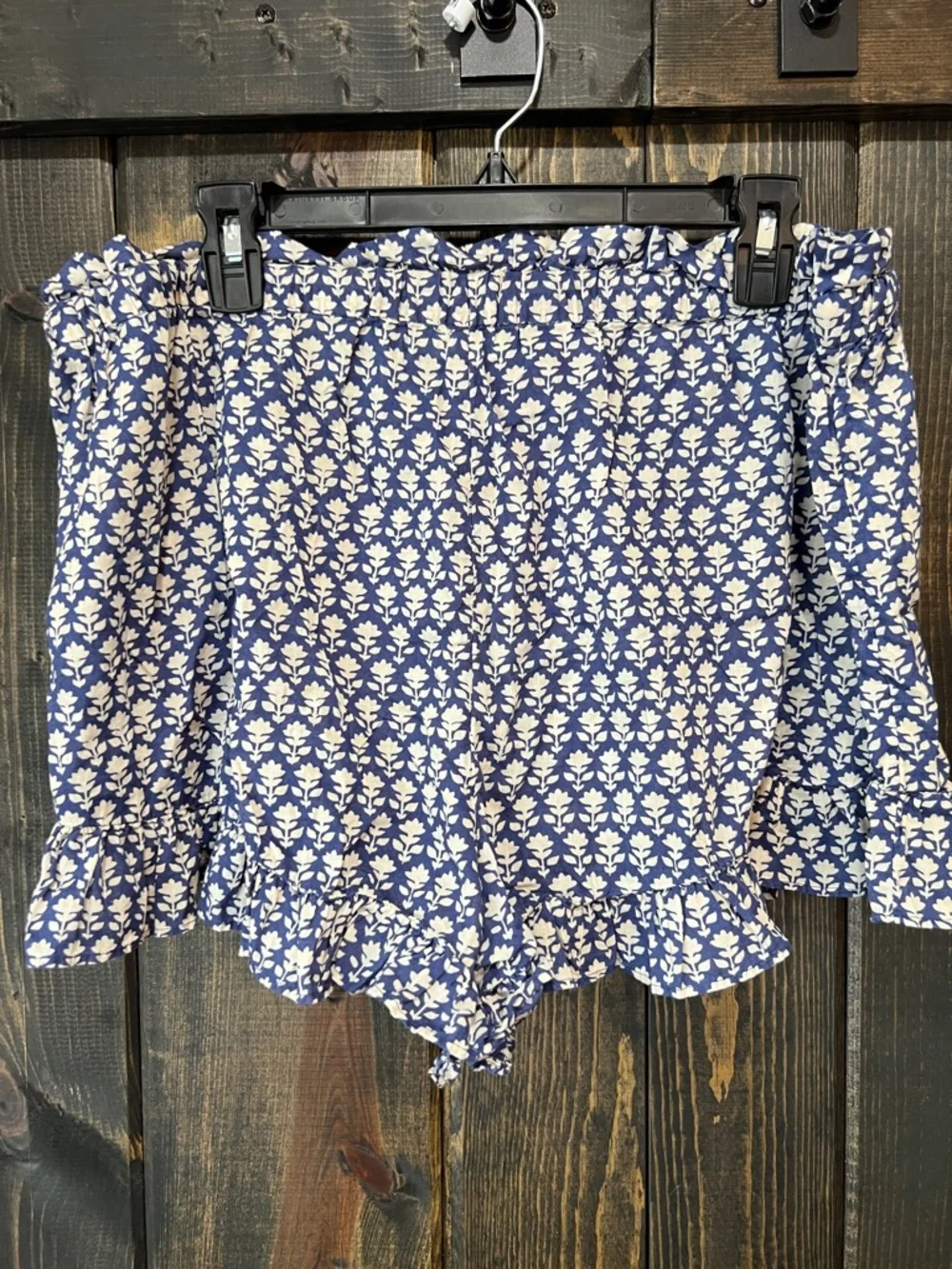 J. Crew Ruffle Shorts XL‎ Floral Blue Cream Drawstring Boho Casual High Waist